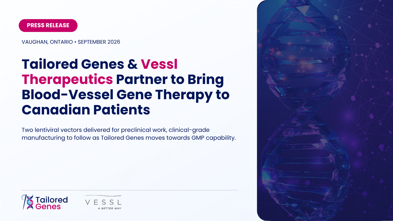 Tailored Genes and Vessl Therapeutics Partner to Bring Blood-Vessel Gene Therapy to Canadian Patients
